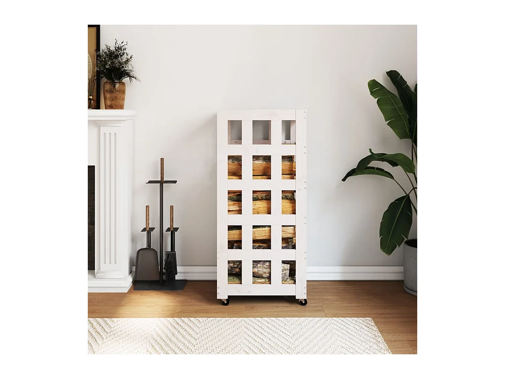 Porte-bûches avec roulettes blanc 40x49x110 cm bois massif pin -ASAF17783 BonneVie Meuble