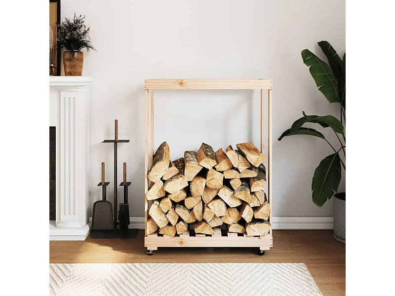 Porte-bûches avec roulettes 76,5x40x108 cm bois massif de pin -ASAF93501 BonneVie Meuble