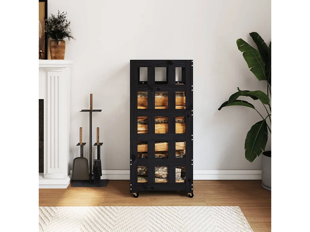 Porte-bûches avec roulettes noir 40x49x110 cm bois massif pin -ASAF55657 BonneVie Meuble