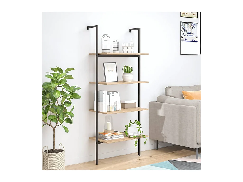 Étagère inclinée à 4 niveaux Marron clair et noir 64x35x152,5cm OFR96375 BonneVie Meuble