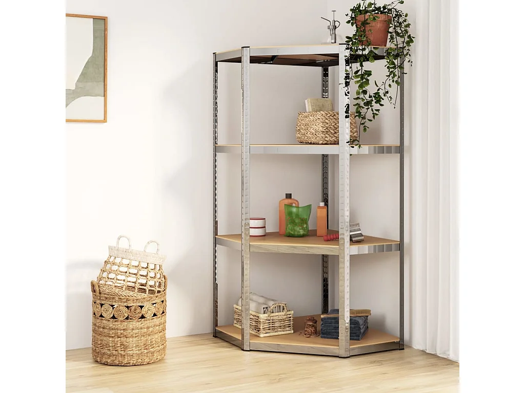 Étagère d'angle à 4 niveaux Argenté Acier et bois d'ingénierie OFR22294 BonneVie Meuble
