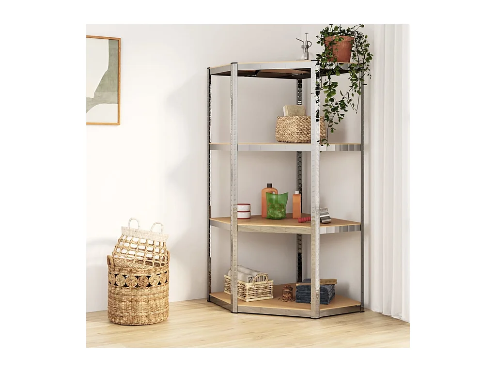 Étagère d'angle à 4 niveaux Argenté Acier et bois d'ingénierie OFR22294 BonneVie Meuble