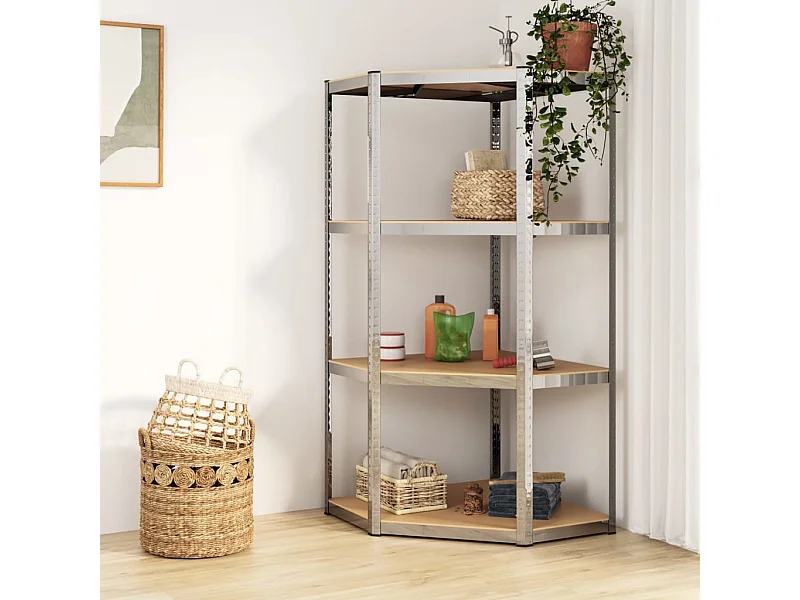 Étagère d'angle à 4 niveaux Argenté Acier et bois d'ingénierie OFR22294 BonneVie Meuble