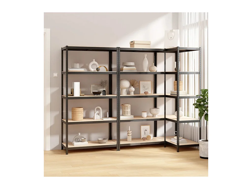 Étagères à 5 niveaux 3pcs Anthracite Acier et bois d'ingénierie OFR96304 BonneVie Meuble