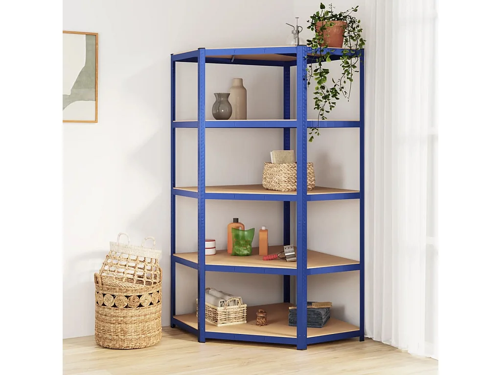 Étagère d'angle à 5 niveaux Bleu Acier et bois d'ingénierie OFR24208 BonneVie Meuble