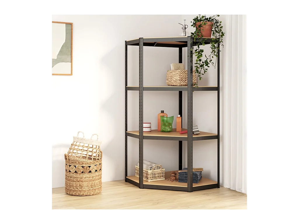Étagère d'angle à 4 niveaux Anthracite Acier bois d'ingénierie OFR28780 BonneVie Meuble