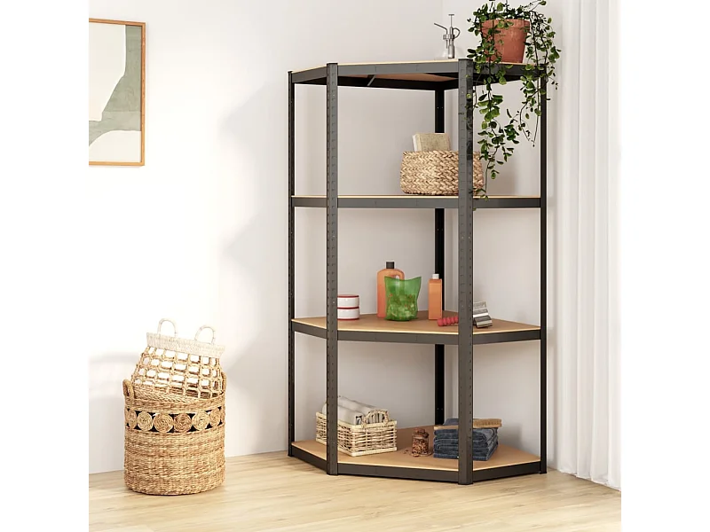 Étagère d'angle à 4 niveaux Anthracite Acier bois d'ingénierie OFR28780 BonneVie Meuble