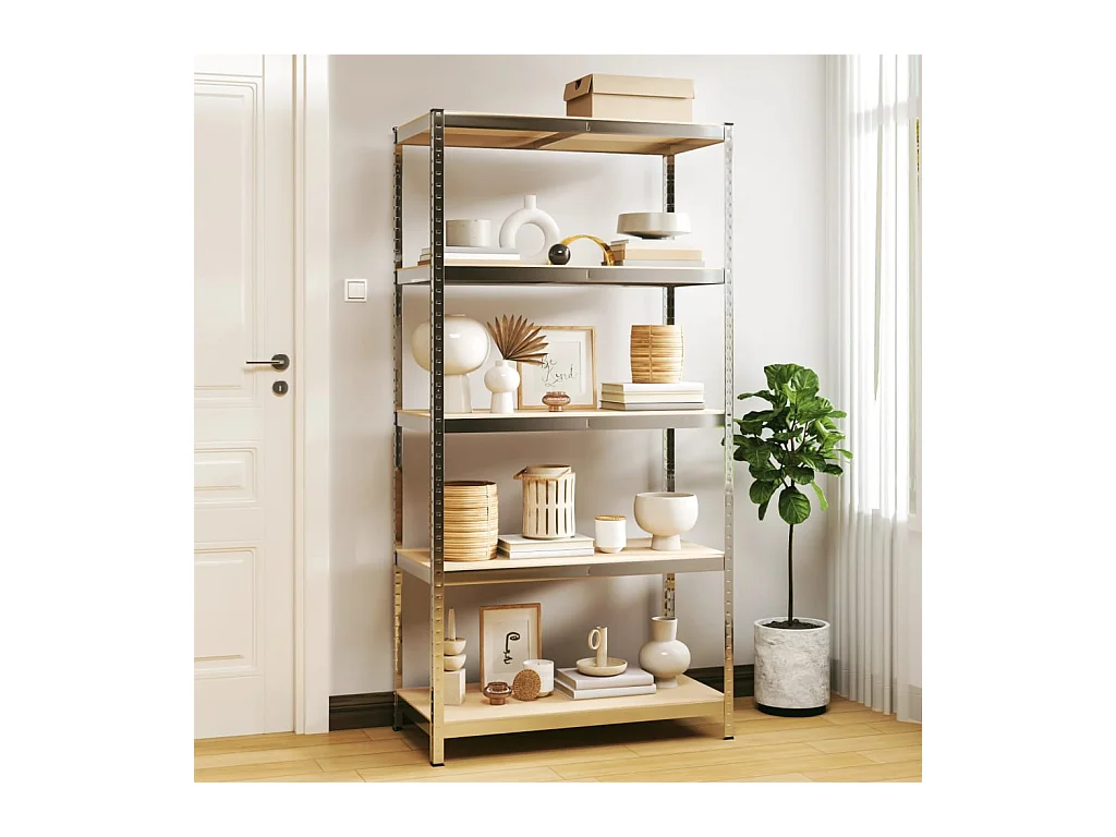 Étagère de rangement 5 niveaux Argenté Acier et bois ingénierie OFR72532 BonneVie Meuble