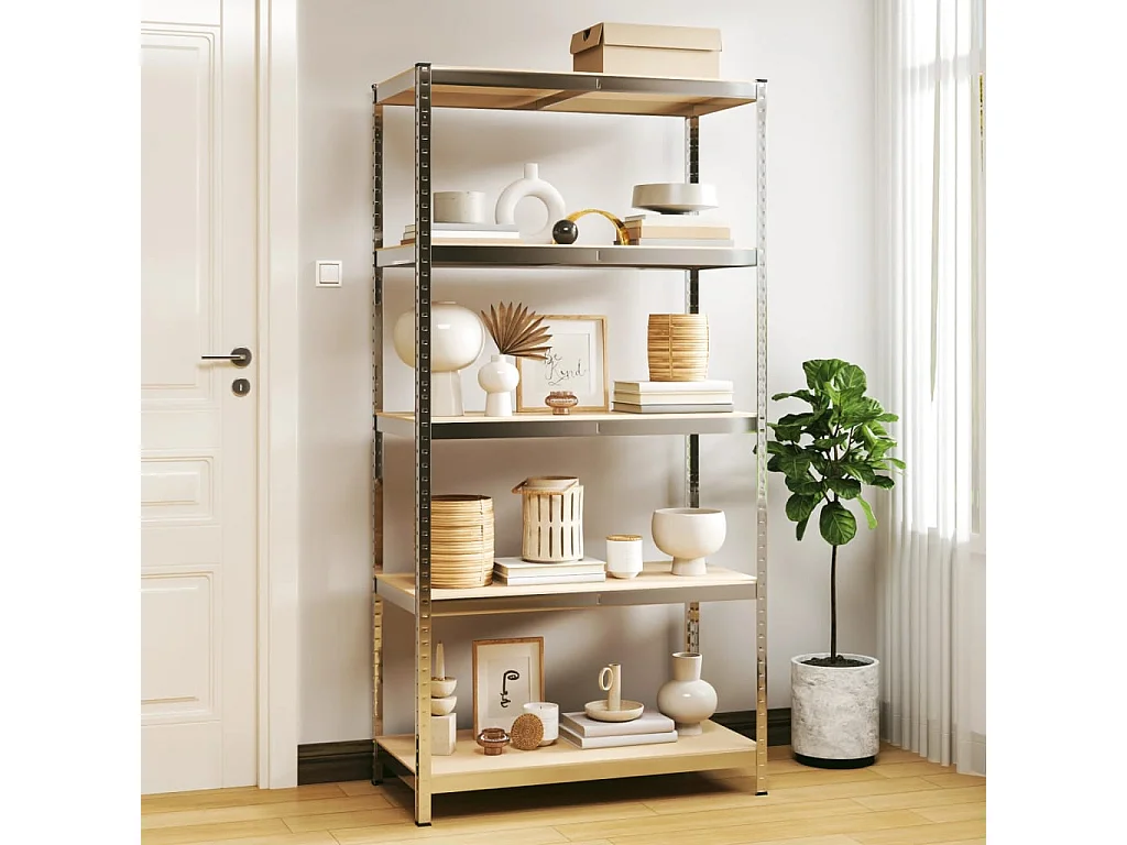 Étagère de rangement 5 niveaux Argenté Acier et bois ingénierie OFR72532 BonneVie Meuble