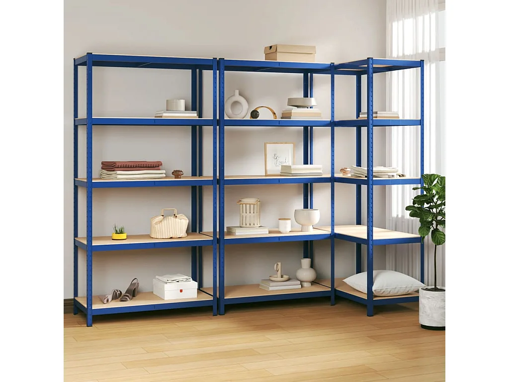Étagères à 5 niveaux 3 pcs Bleu Acier et bois d'ingénierie OFR97923 BonneVie Meuble