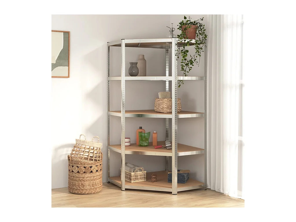 Étagère d'angle 5 niveaux Argenté Acier et bois d'ingénierie OFR66692 BonneVie Meuble