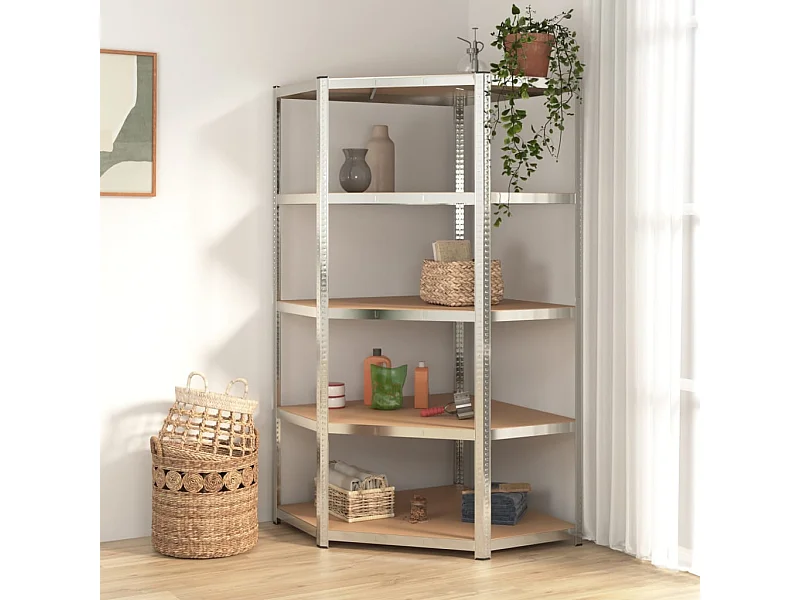 Étagère d'angle 5 niveaux Argenté Acier et bois d'ingénierie OFR66692 BonneVie Meuble