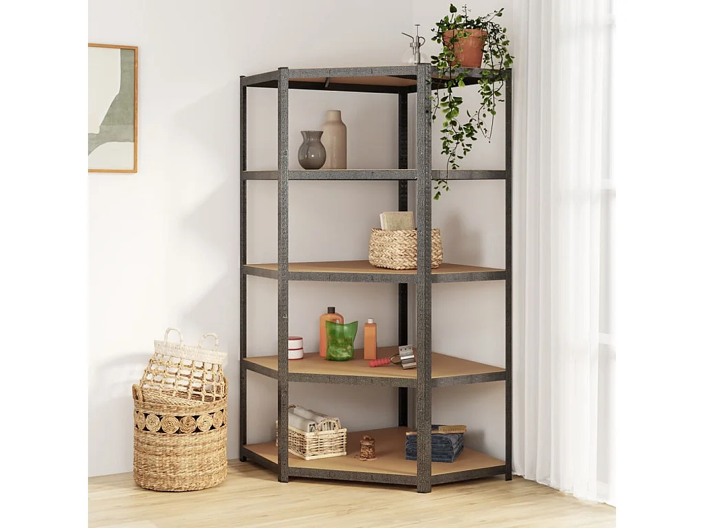 Étagère d'angle 5 niveaux Gris Acier et bois d'ingénierie OFR86003 BonneVie Meuble