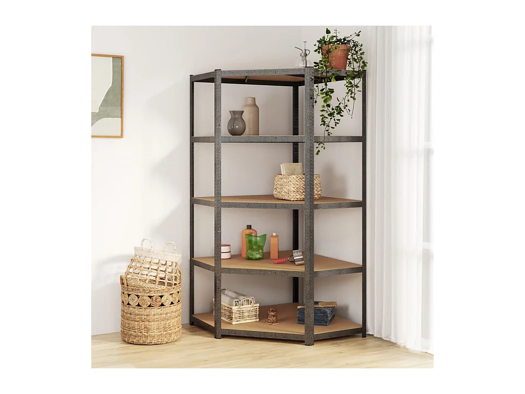 Étagère d'angle 5 niveaux Gris Acier et bois d'ingénierie OFR86003 BonneVie Meuble