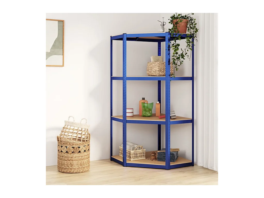 Étagère d'angle à 4 niveaux Bleu Acier et bois d'ingénierie OFR39366 BonneVie Meuble