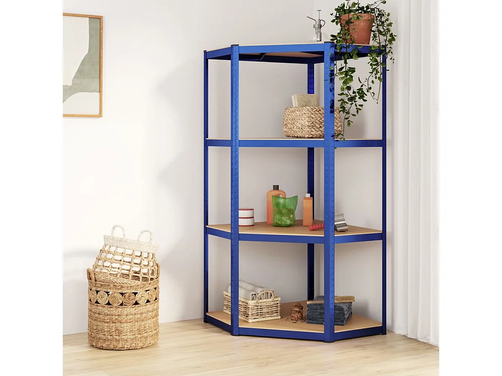 Étagère d'angle à 4 niveaux Bleu Acier et bois d'ingénierie OFR39366 BonneVie Meuble