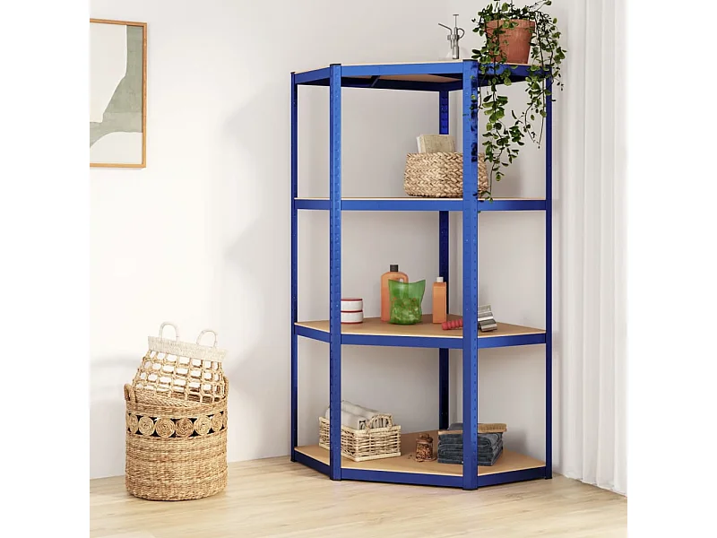 Étagère d'angle à 4 niveaux Bleu Acier et bois d'ingénierie OFR39366 BonneVie Meuble