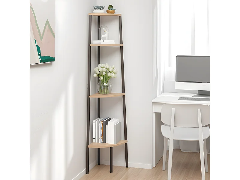 Étagère d'angle 4 niveaux Marron clair et noir 45,5x31,5x150 cm OFR84195 BonneVie Meuble