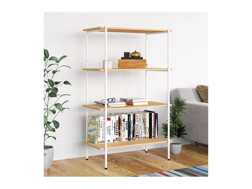 Étagère à 4 niveaux Blanc et chêne 80x40x130 cm OFR90851 BonneVie Meuble