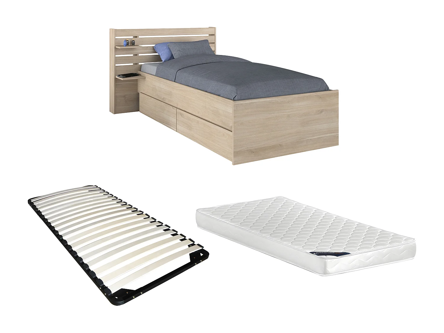 Lit 90 x 190/200 cm avec rangements - Coloris : Naturel + Sommier + Matelas - TENALIA II