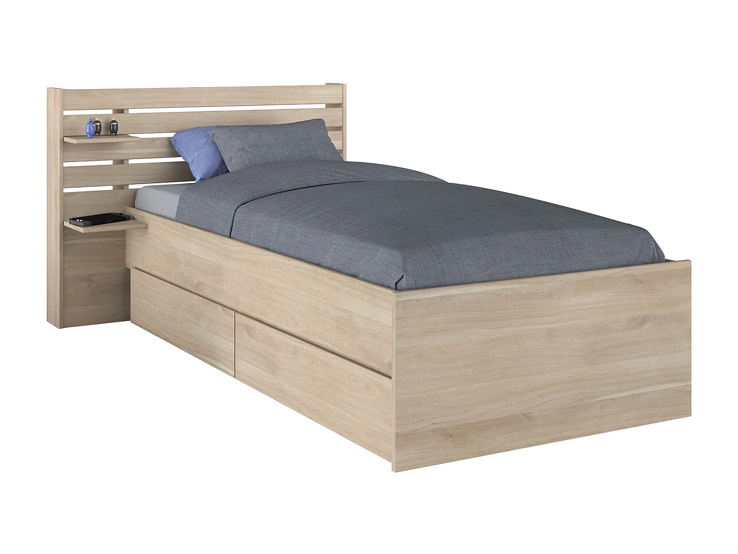 Lit 90 x 190/200 cm avec rangements - Coloris : Naturel + Sommier + Matelas - TENALIA II