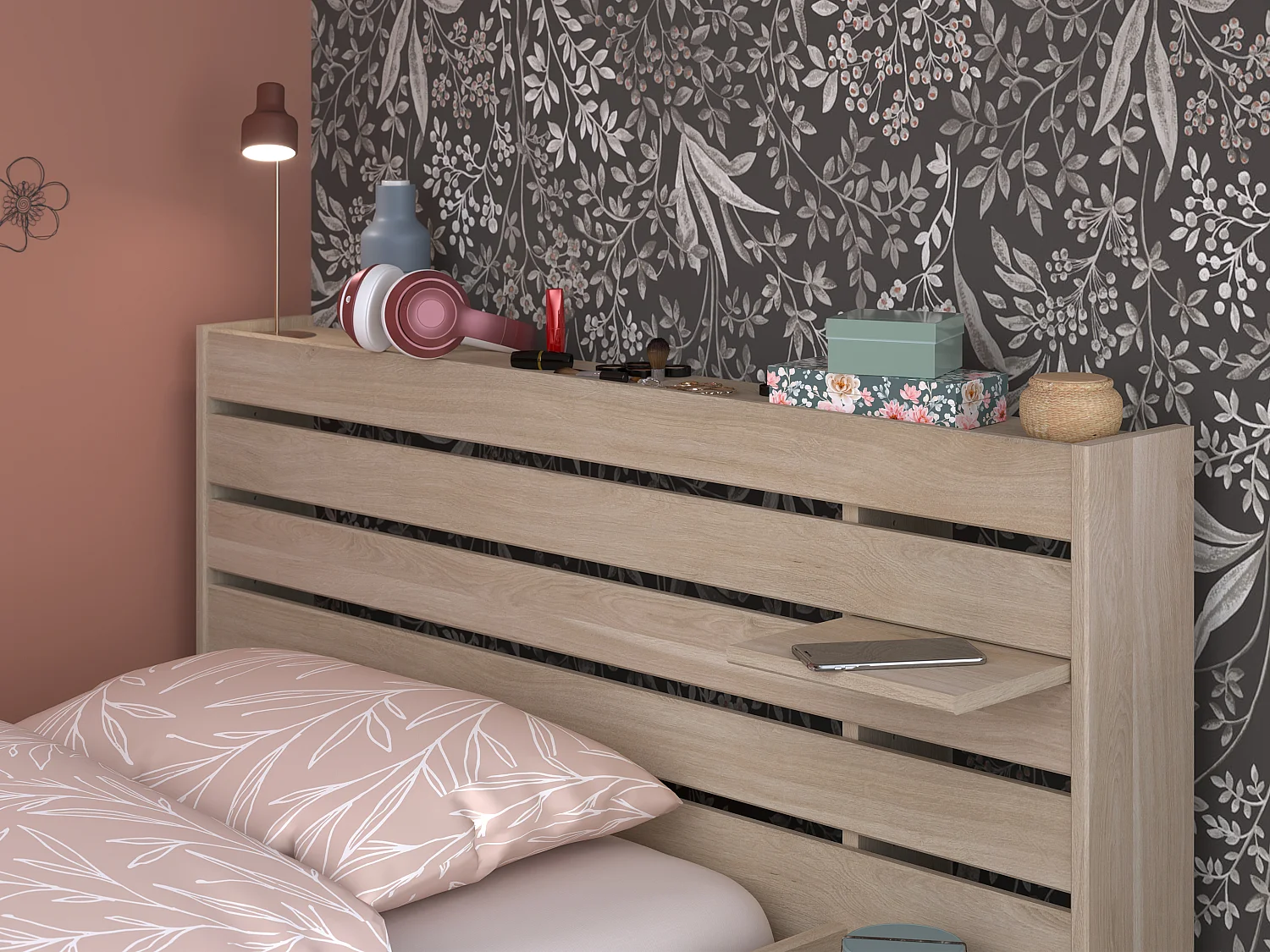 Lit 90 x 190/200 cm avec rangements - Coloris : Naturel + Sommier + Matelas - TENALIA II