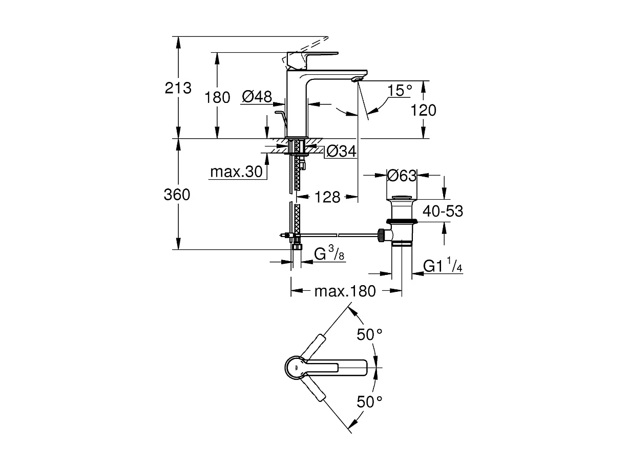 Wastafelkraan GROHE Lineare S met trekstang en temperatuurbegrenzer - Glanzend chroom - Waterbesparing