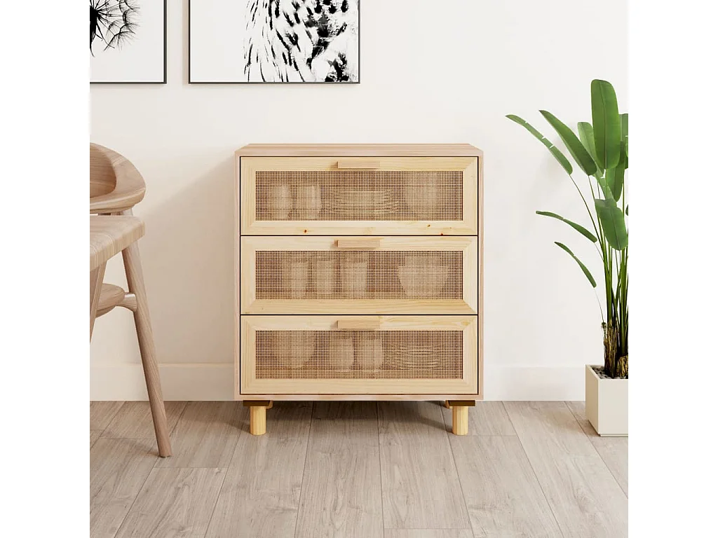 Sideboard Lowboard - Braun 60x30x70 cm Massivholz Kiefer und Natur-Rattan -RM48794