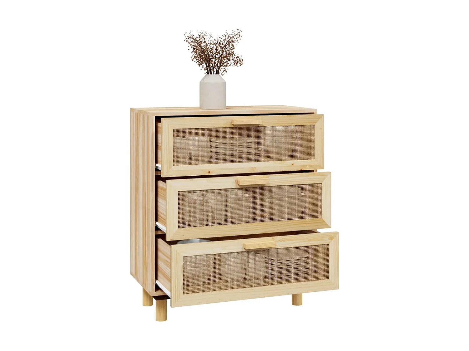 Sideboard Lowboard - Braun 60x30x70 cm Massivholz Kiefer und Natur-Rattan -RM48794