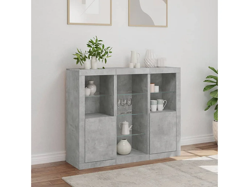 Sideboards mit LED-Leuchten im 3er-Set Anrichten Betongrau Holzwerkstoff -RM52690