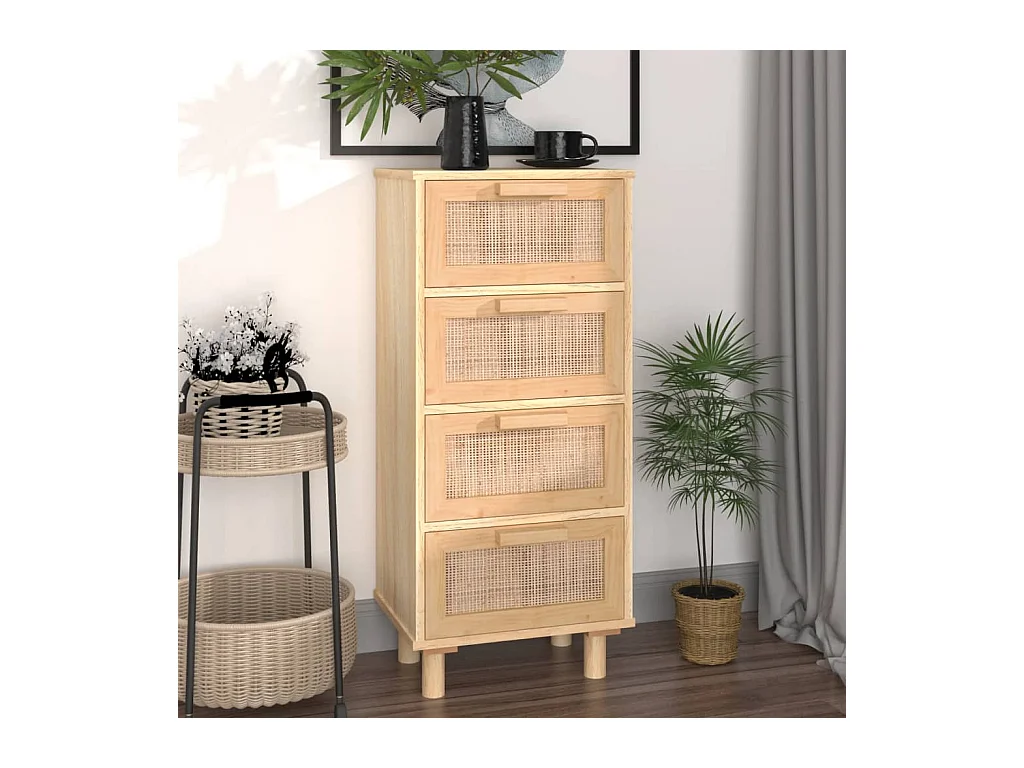 Sideboard Lowboard - Braun 40x30x90 cm Massivholz Kiefer und Natur-Rattan -RM66218