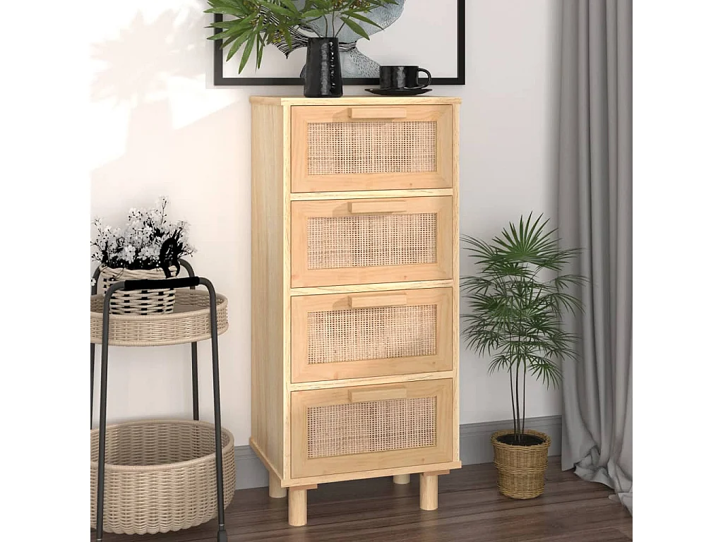 Sideboard Lowboard - Braun 40x30x90 cm Massivholz Kiefer und Natur-Rattan -RM66218