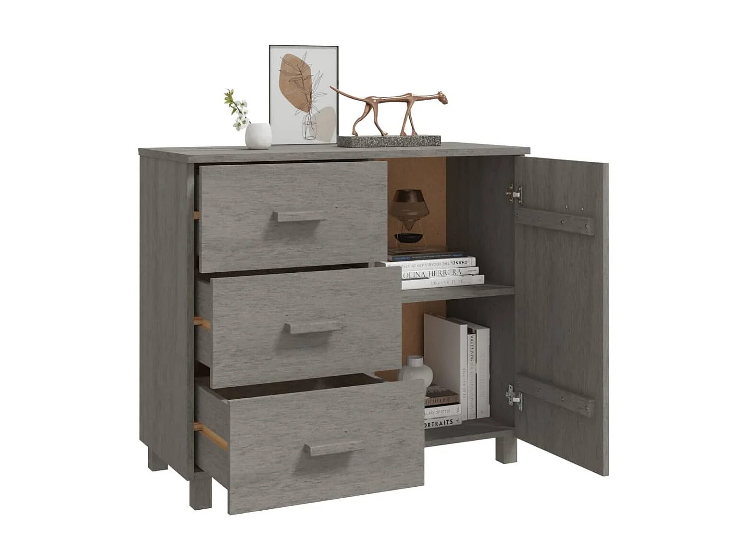 Sideboard Lowboard - HAMAR Hellgrau 90x40x80 cm Massivholz Kiefer -RM21171