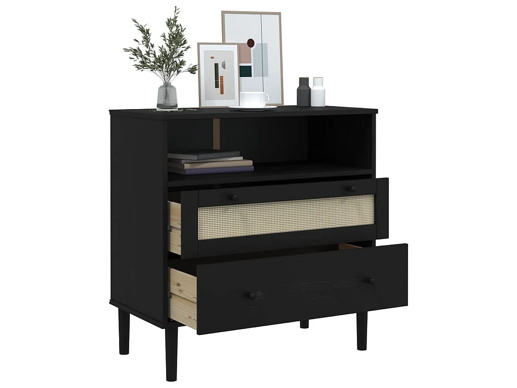 Sideboard Schwarz Anrichte SENJA Rattan-Optik 80x40x80 cm Kiefernholz -RM24417