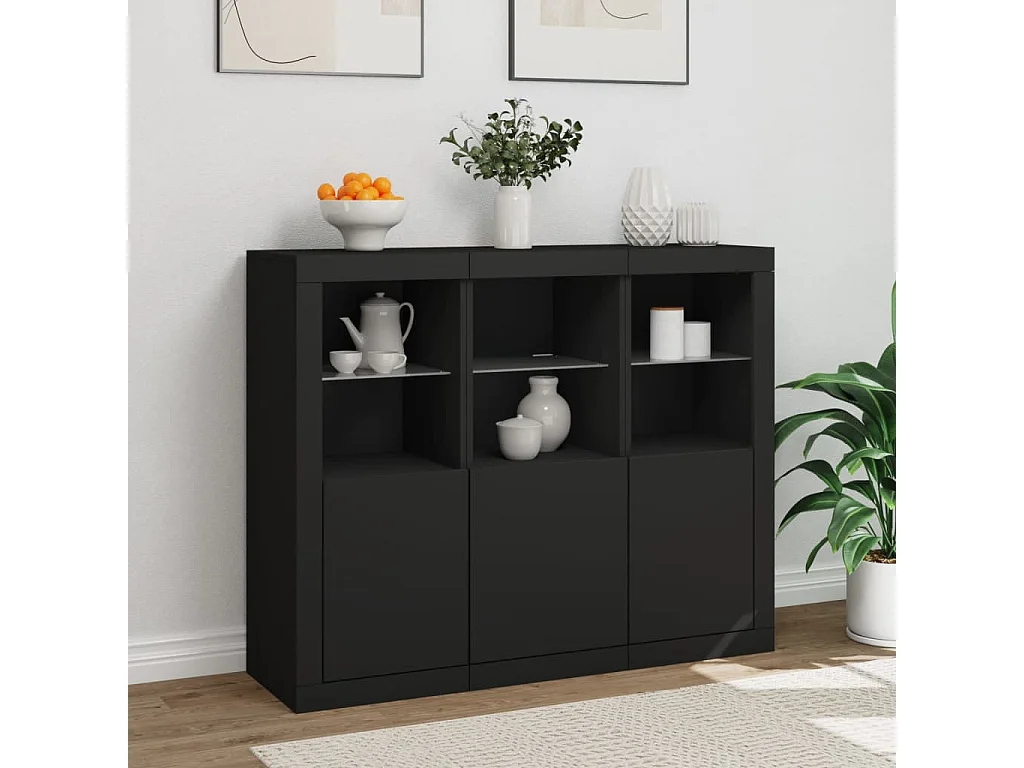 Sideboards Schwarz Anrichten mit LED-Leuchten im 3er-Set Anrichten Holzwerkstoff -RM89558
