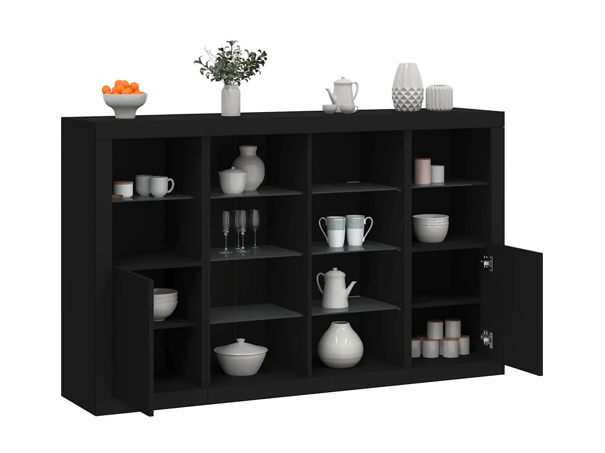 Sideboards Schwarz Anrichten mit LED-Leuchten im 3er-Set Anrichten Holzwerkstoff -RM25788