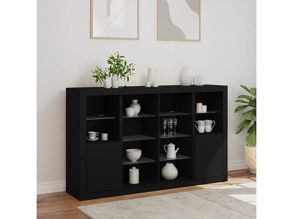 Sideboards Schwarz Anrichten mit LED-Leuchten im 3er-Set Anrichten Holzwerkstoff -RM25788