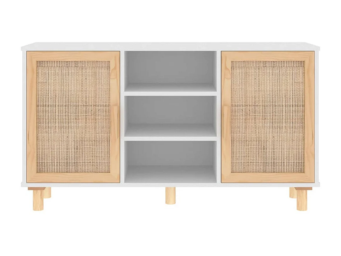 Sideboard Weiß Anrichte 105x30x60 cm Massivholz Kiefer und Natur-Rattan -RM90697