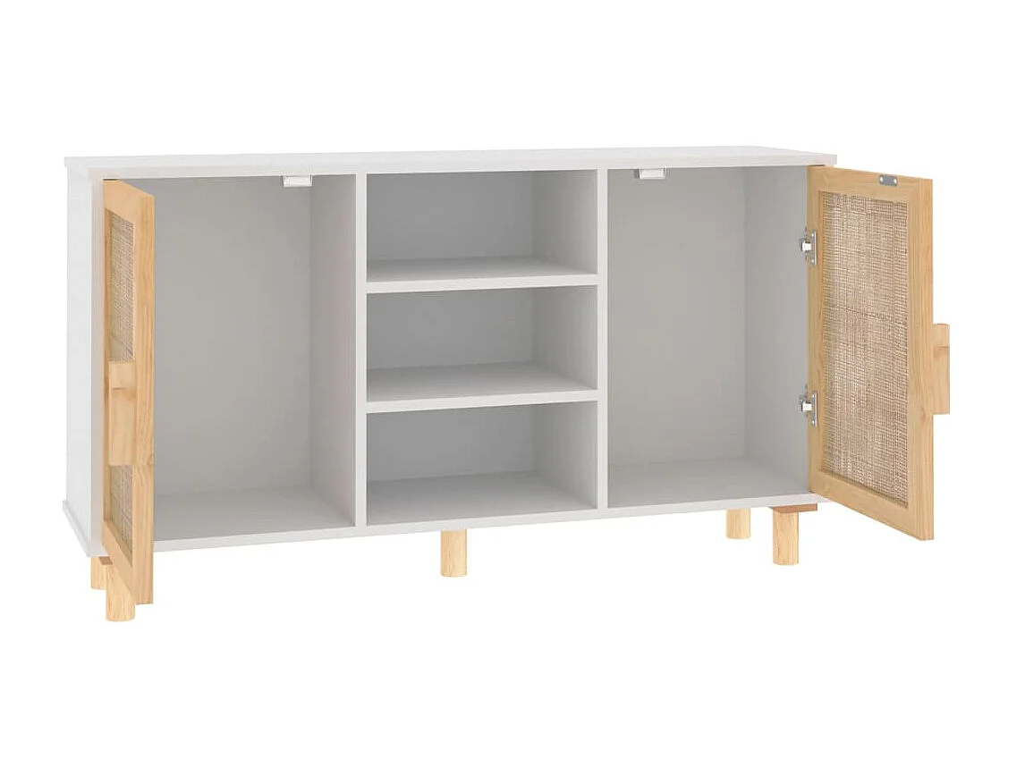 Sideboard Weiß Anrichte 105x30x60 cm Massivholz Kiefer und Natur-Rattan -RM90697