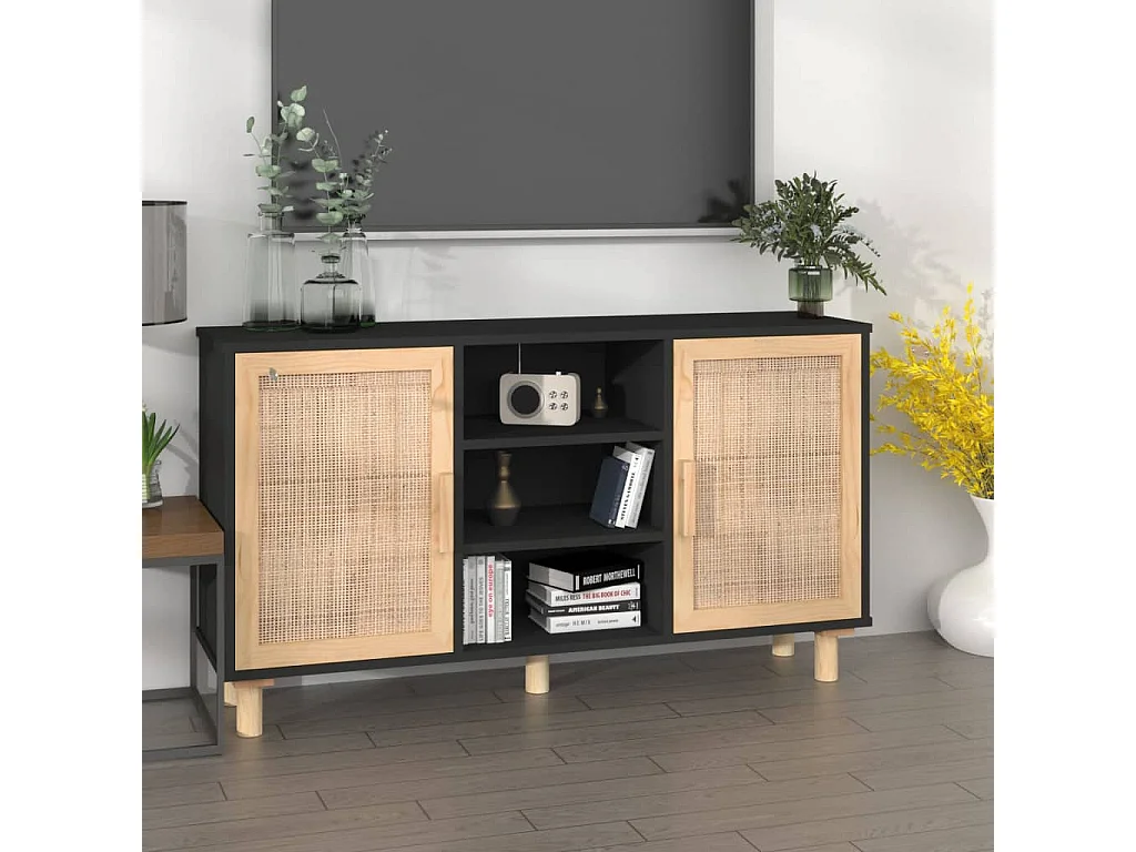 Sideboard Schwarz Anrichte 105x30x60 cm Massivholz Kiefer Natur-Rattan -RM66793