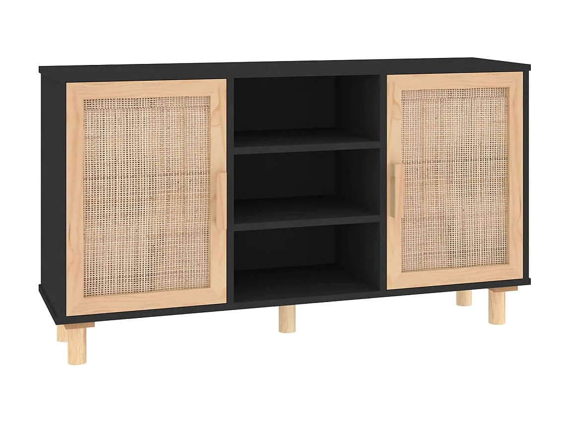 Sideboard Schwarz Anrichte 105x30x60 cm Massivholz Kiefer Natur-Rattan -RM66793