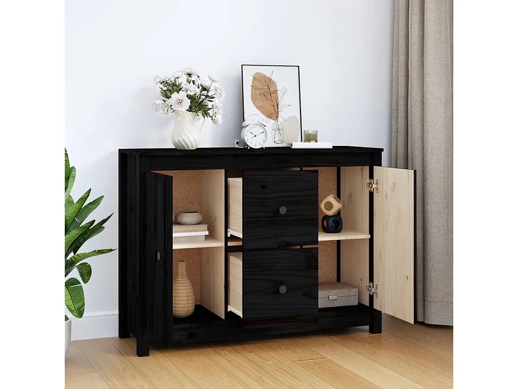 Sideboard Schwarz Anrichte 100x35x74 cm Massivholz Kiefer -RM77309