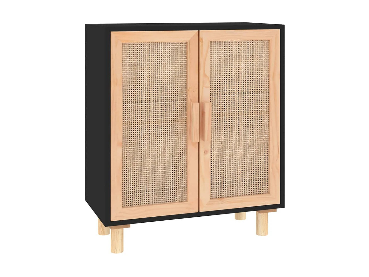 Sideboard Schwarz Anrichte 60x30x70cm Massivholz Kiefer und Natur-Rattan -RM15421