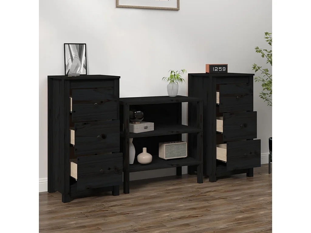 Sideboards Schwarz im 2er-Set Anrichten 40x35x80 cm Massivholz Kiefer -RM65796