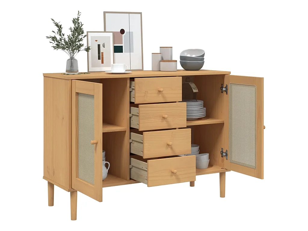 Sideboard Braun Anrichte SENJA Rattan-Optik 112x40x80 cm Kiefernholz -RM79574