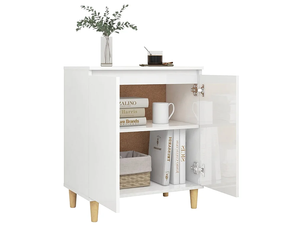 Sideboard Anrichte mit Massivholz-Beinen + Türen Hochglanz-Weiß 60x35x70 cm -RM83147