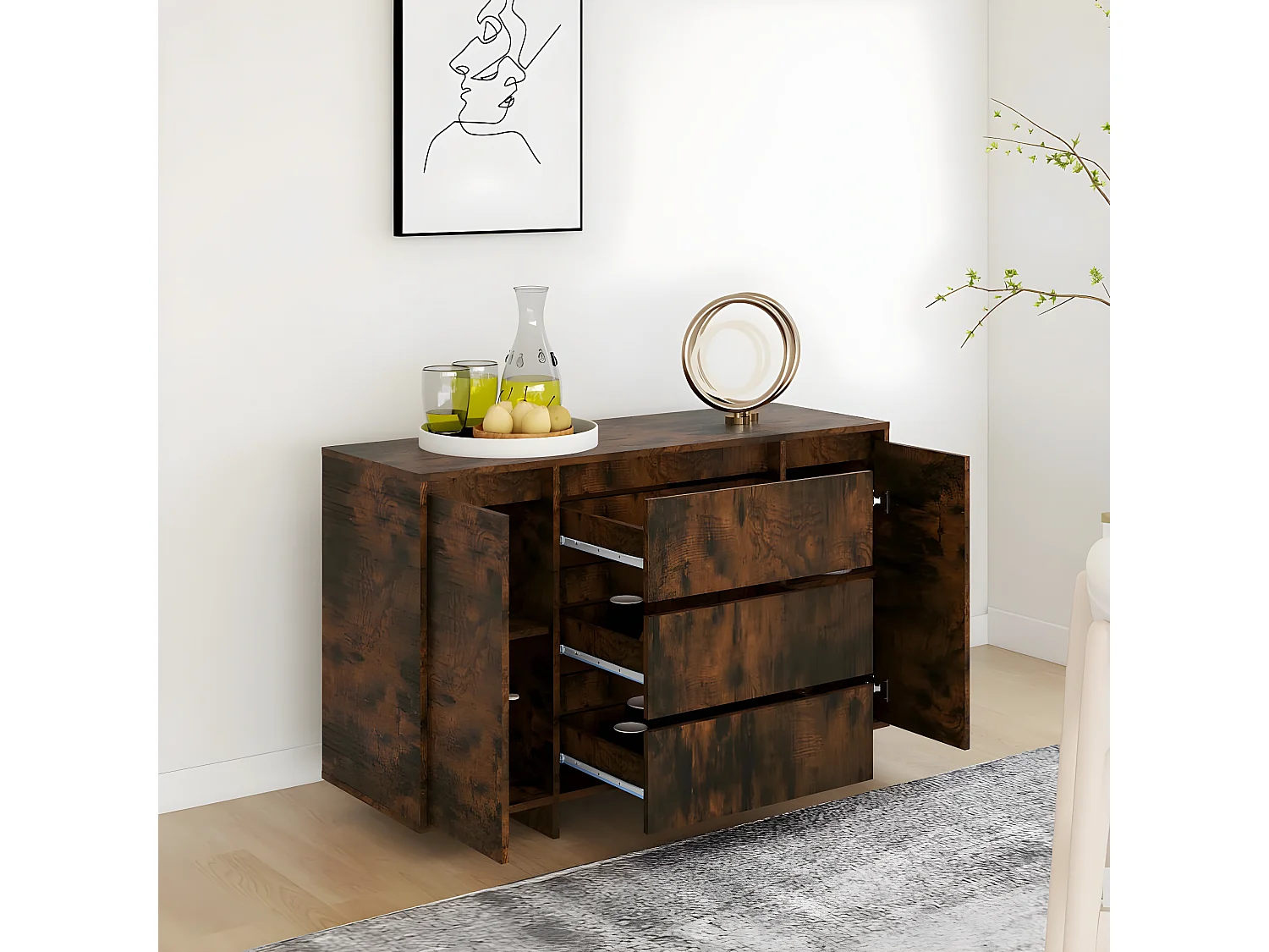 Sideboard Anrichte mit 3 Schubladen Räuchereiche 120x41x75 cm -RM73995