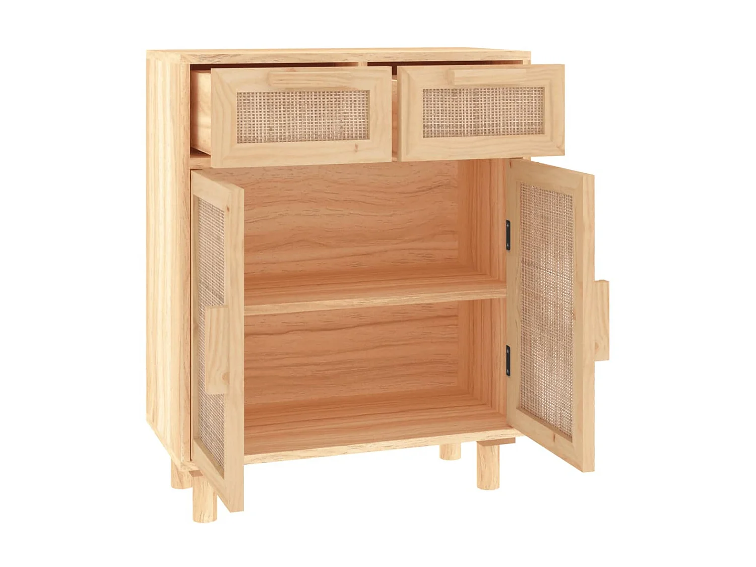 Sideboard Lowboard - Braun 60x30x75 cm Massivholz Kiefer und Natur-Rattan -RM12471