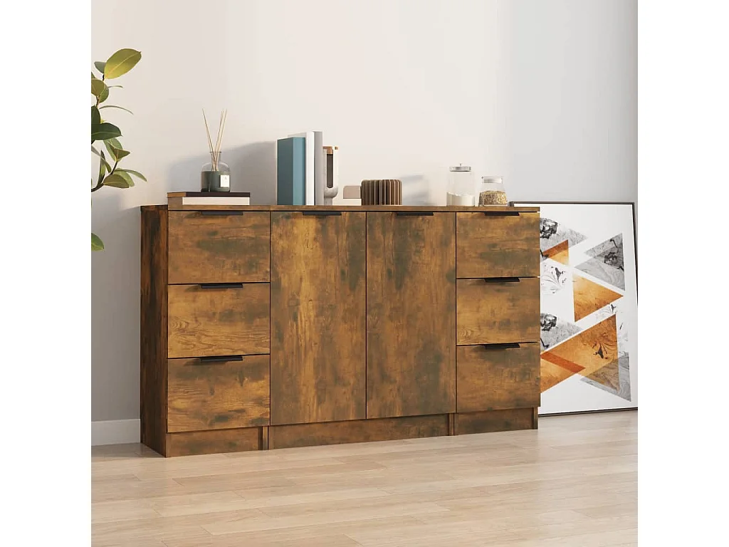 Sideboards im 3er-Set Lowboards Räuchereiche Holzwerkstoff -RM61990
