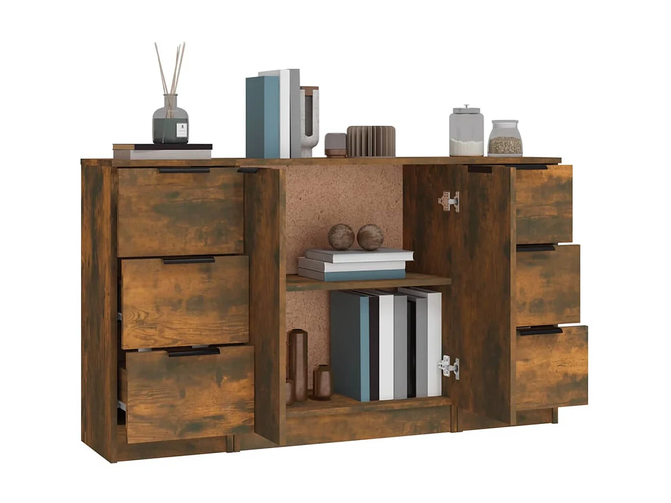 Sideboards im 3er-Set Lowboards Räuchereiche Holzwerkstoff -RM61990